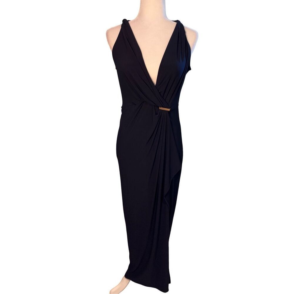 SOHO Apparel sleeveless deep V navy maxi dress with ruched waist- S